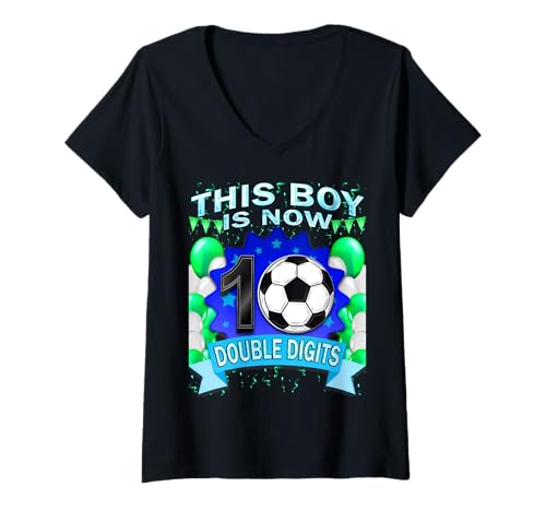 Damen Dieser Junge hat jetzt 10 zweistellige Fußballzahlen, 10 Jahre alt T-Shirt mit V-Ausschnitt von This Boy Now 10 Double Digits Soccer 10 Birthday