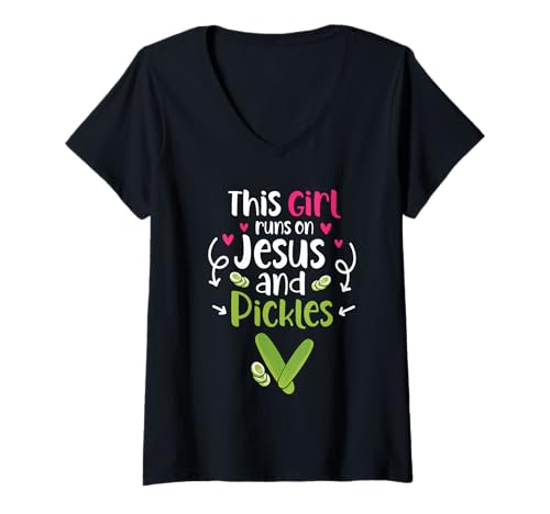 Damen This Girl Runs On Jesus and Pickles Gurke Gemüse Pickl T-Shirt mit V-Ausschnitt Damen This Girl Runs On Jesus and Pickles Gurke Gemüse Pickl T-Shirt mit V-Ausschnitt von This Girl Runs On Jesus And Pickles