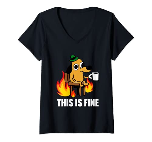 Damen Das ist feiner Hund Internet Meme Burning San Francisco T-Shirt mit V-Ausschnitt von This Is Fine Dog California Meme Tee