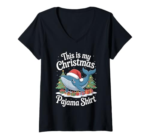 Damen Whale This is My Christmas Pyjama T-Shirt mit V-Ausschnitt von This Is My Chistmas Pajama Shirt