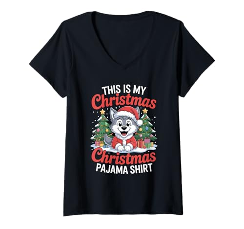 Damen Wolf This is My Christmas Pyjama T-Shirt mit V-Ausschnitt von This Is My Chistmas Pajama Shirt