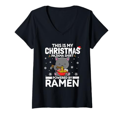 Damen Das ist Mein Weihnachtspyjama, angetrieben von Ramen Funny Cat Lover T-Shirt mit V-Ausschnitt Damen Das ist Mein Weihnachtspyjama, angetrieben von Ramen Funny Cat Lover T-Shirt mit V-Ausschnitt von This Is My Christmas Pajama Xmas Cat Gifts By Mj