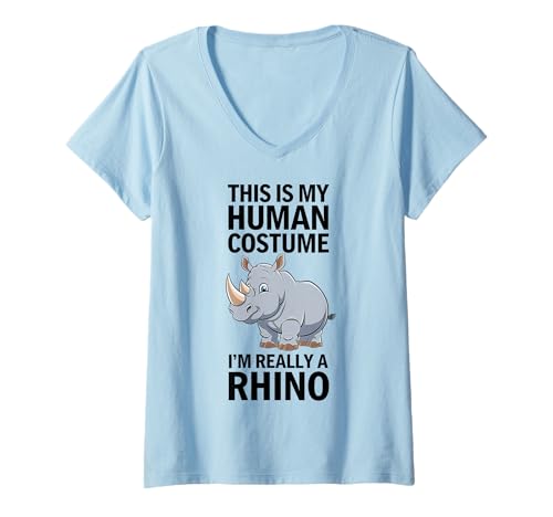 Damen Lustiges menschliches Kostüm Cartoon Nashorn Nashorn Liebe T-Shirt mit V-Ausschnitt von This Is My Human Costume I'm Really A Rhino