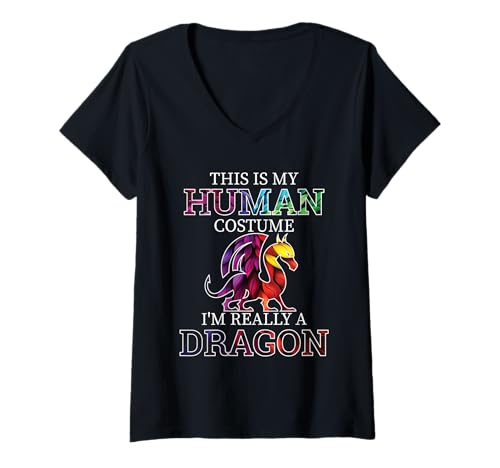 Damen Fun Dragons Humor This is My Human Kostüm Halloween Drache T-Shirt mit V-Ausschnitt von This Is My Human Costume