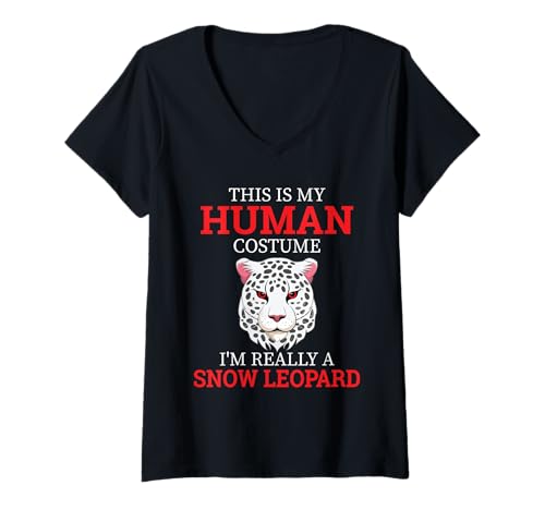 Damen Funn Snow Lropard Humor This is My Human Kostüm Halloween T-Shirt mit V-Ausschnitt von This Is My Human Costume