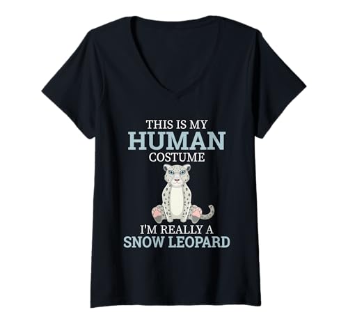 Damen Funn Snow Lropard Humor This is My Human Kostüm Halloween T-Shirt mit V-Ausschnitt von This Is My Human Costume