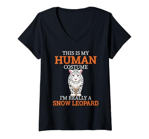Damen Funn Snow Lropard Humor This is My Human Kostüm Halloween T-Shirt mit V-Ausschnitt von This Is My Human Costume