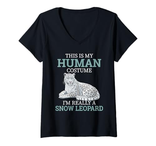 Damen Funn Snow Lropard Humor This is My Human Kostüm Halloween T-Shirt mit V-Ausschnitt von This Is My Human Costume