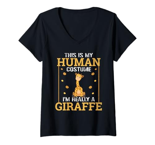 Damen Giraffen, Humor, This is My Human Kostüm, Halloween, Giraffe T-Shirt mit V-Ausschnitt von This Is My Human Costume