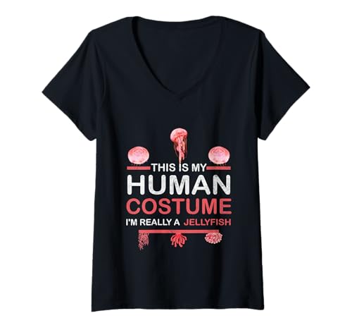 Damen Halloween This is My Human Costume I'm Really a Qualle T-Shirt mit V-Ausschnitt von This Is My Human Costume