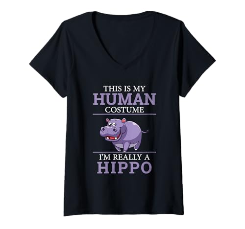 Damen Lustiges Hippos Humor This is My Human Kostüm Halloween Nilpferd T-Shirt mit V-Ausschnitt von This Is My Human Costume