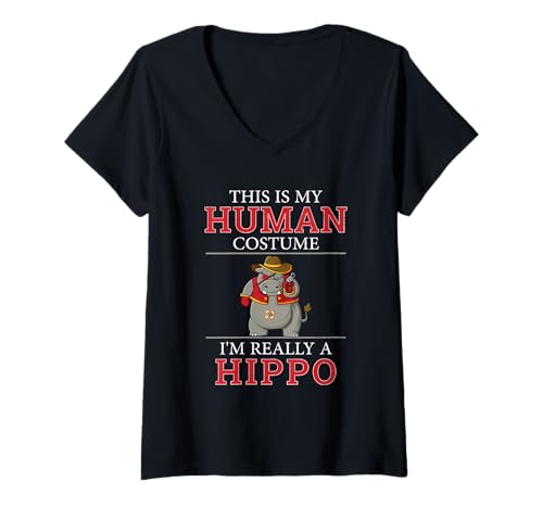 Damen Lustiges Hippos Humor This is My Human Kostüm Halloween Nilpferd T-Shirt mit V-Ausschnitt von This Is My Human Costume