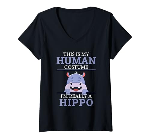 Damen Lustiges Hippos Humor This is My Human Kostüm Halloween Nilpferd T-Shirt mit V-Ausschnitt von This Is My Human Costume