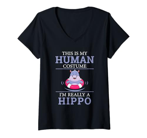Damen Lustiges Hippos Humor This is My Human Kostüm Halloween Nilpferd T-Shirt mit V-Ausschnitt von This Is My Human Costume