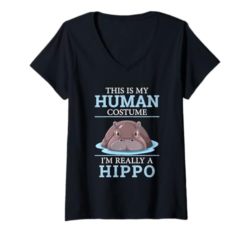 Damen Lustiges Hippos Humor This is My Human Kostüm Halloween Nilpferd T-Shirt mit V-Ausschnitt von This Is My Human Costume