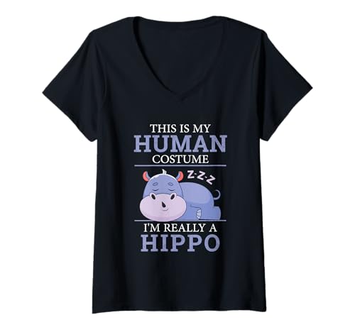 Damen Lustiges Hippos Humor This is My Human Kostüm Halloween Nilpferd T-Shirt mit V-Ausschnitt von This Is My Human Costume