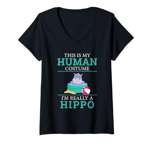 Damen Lustiges Hippos Humor This is My Human Kostüm Halloween Nilpferd T-Shirt mit V-Ausschnitt von This Is My Human Costume