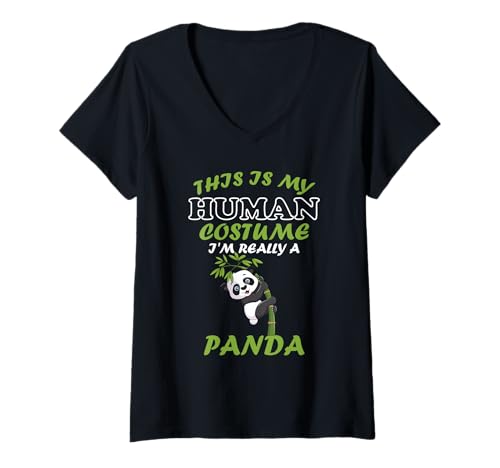 Damen Lustiges Panda-Kostüm This is My Human, Halloween-Panda T-Shirt mit V-Ausschnitt von This Is My Human Costume