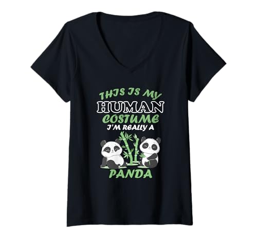 Damen Lustiges Panda-Kostüm This is My Human, Halloween-Panda T-Shirt mit V-Ausschnitt von This Is My Human Costume