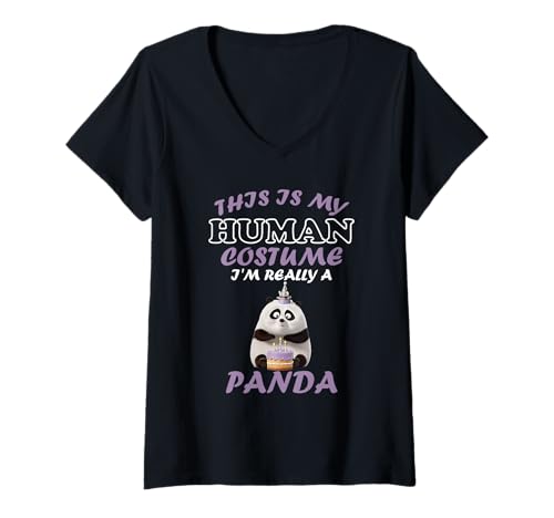 Damen Lustiges Panda-Kostüm This is My Human, Halloween-Panda T-Shirt mit V-Ausschnitt von This Is My Human Costume