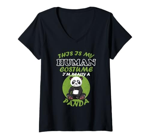 Damen Lustiges Panda-Kostüm This is My Human, Halloween-Panda T-Shirt mit V-Ausschnitt von This Is My Human Costume
