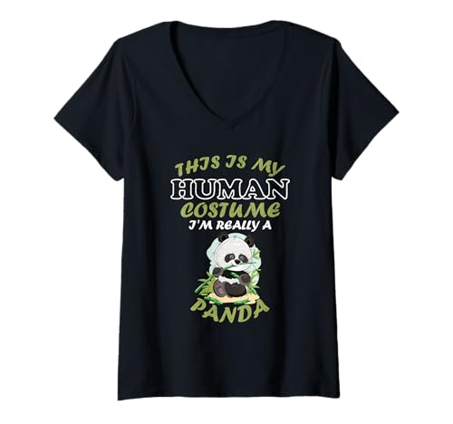 Damen Lustiges Panda-Kostüm This is My Human, Halloween-Panda T-Shirt mit V-Ausschnitt von This Is My Human Costume