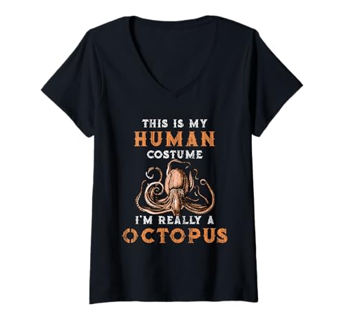 Damen Octopus Humor This is My Human Kostüm Halloween Octopus T-Shirt mit V-Ausschnitt von This Is My Human Costume