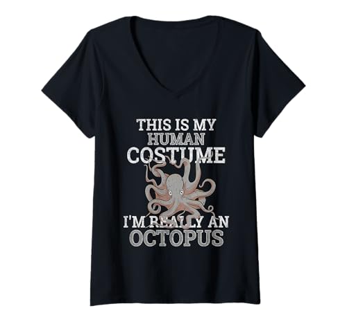 Damen Octopus Humor This is My Human Kostüm Halloween Octopus T-Shirt mit V-Ausschnitt von This Is My Human Costume