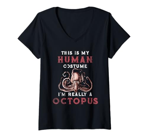 Damen Octopus Humor This is My Human Kostüm Halloween Octopus T-Shirt mit V-Ausschnitt von This Is My Human Costume