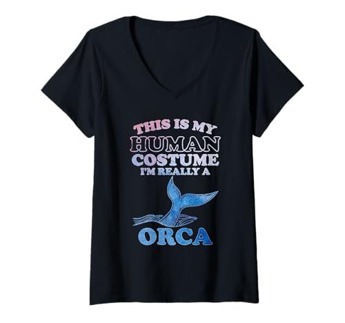 Damen Orcas Humor This is My Human Kostüm Halloween Orca T-Shirt mit V-Ausschnitt von This Is My Human Costume