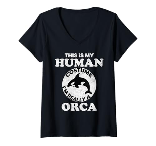 Damen Orcas Humor This is My Human Kostüm Halloween Orca T-Shirt mit V-Ausschnitt von This Is My Human Costume