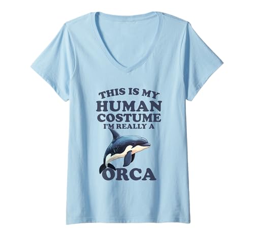 Damen Orcas Humor This is My Human Kostüm Halloween Orca T-Shirt mit V-Ausschnitt von This Is My Human Costume