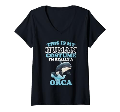 Damen Orcas Humor This is My Human Kostüm Halloween Orca T-Shirt mit V-Ausschnitt von This Is My Human Costume