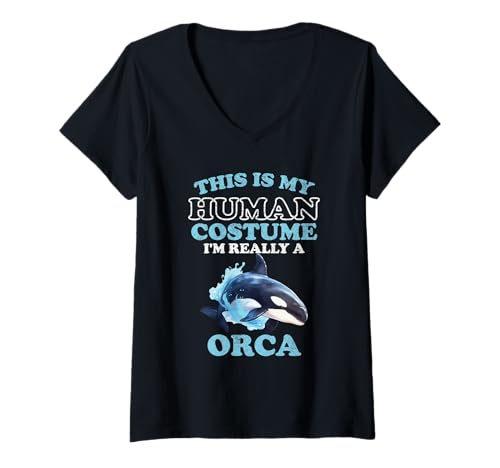 Damen Orcas Humor This is My Human Kostüm Halloween Orca T-Shirt mit V-Ausschnitt von This Is My Human Costume