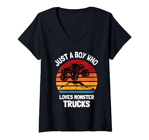 Damen Just A Boy Who Loves Monster Trucks Kinder Kleinkind Jungen 5T 4T T-Shirt mit V-Ausschnitt von This Kid Loves Monster Trucks There My Jam Shirts
