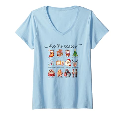 Damen Niedliche Retro-Weihnachts-Symbole Weihnachtsmann Baum Lebkuchen festlich T-Shirt mit V-Ausschnitt Damen Niedliche Retro-Weihnachts-Symbole Weihnachtsmann Baum Lebkuchen festlich T-Shirt mit V-Ausschnitt von This The Season Apparel