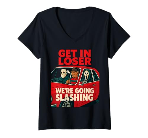Damen Retro Get In Loser Lustiges Horror Slasher Halloween Kostüm T-Shirt mit V-Ausschnitt Damen Retro Get In Loser Lustiges Horror Slasher Halloween Kostüm T-Shirt mit V-Ausschnitt von This is how I Halloween Keep Halloween Simple