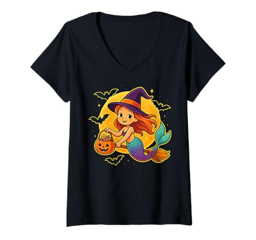 Damen Süßes Meerjungfrau Hexe Kürbis Halloween Kostüm Jungen Mädchen T-Shirt mit V-Ausschnitt Damen Süßes Meerjungfrau Hexe Kürbis Halloween Kostüm Jungen Mädchen T-Shirt mit V-Ausschnitt von This is how I Halloween Keep Halloween Simple