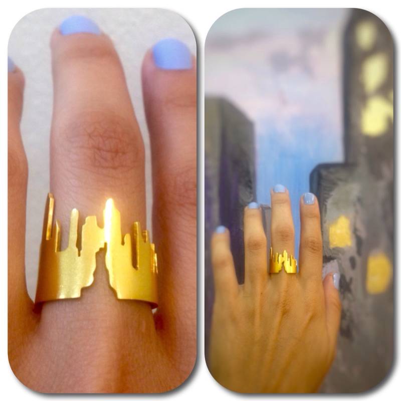 Manhattan Skyline Sterling Silber Statement Ring 22K Vergoldet Version Moderne Breitband Handgefertigte Für New York Liebhaber Big Apple Fan von ThisAndThatWorkshop