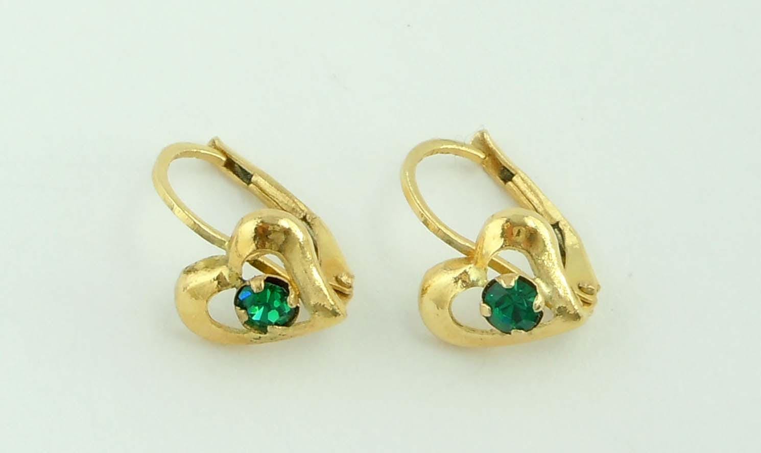 14 K Gelbgold Grün Cz Offene Herzohrringe Mit Geschenk-Box von ThisArtGallery