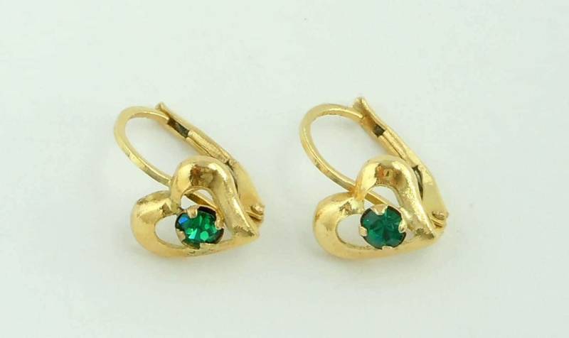 14 K Gelbgold Grün Cz Offene Herzohrringe Mit Geschenk-Box von ThisArtGallery