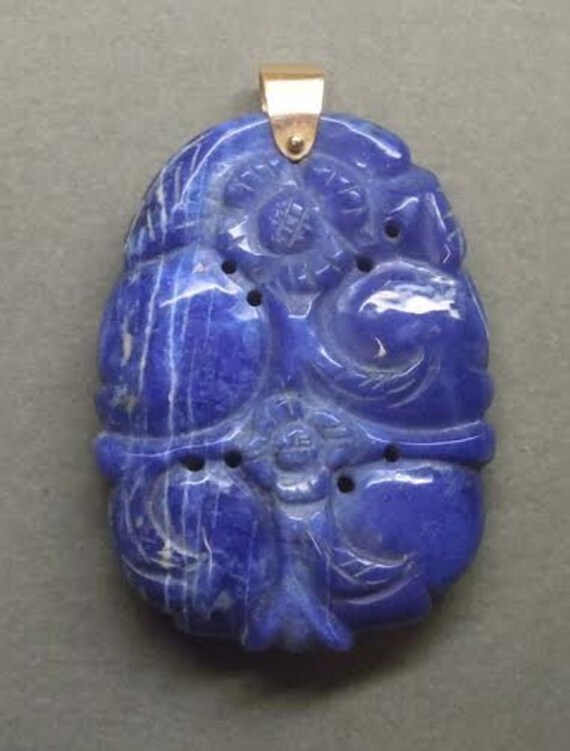 14Kt Gelbgold Blumen Geschnitzte Lapislazuli Anhänger Charme Hergestellt in Den Usa von ThisArtGallery