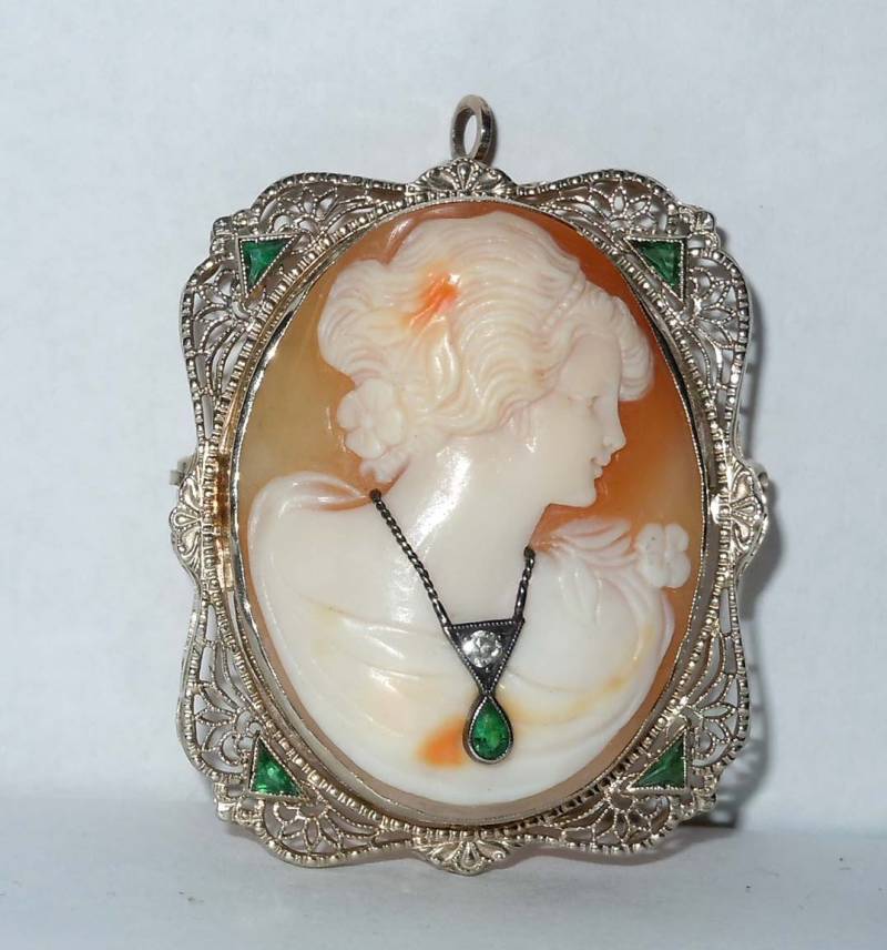 14Kt Gold Filigrane Diamant Smaragd Weibliche Cameo Brosche Anhänger von ThisArtGallery