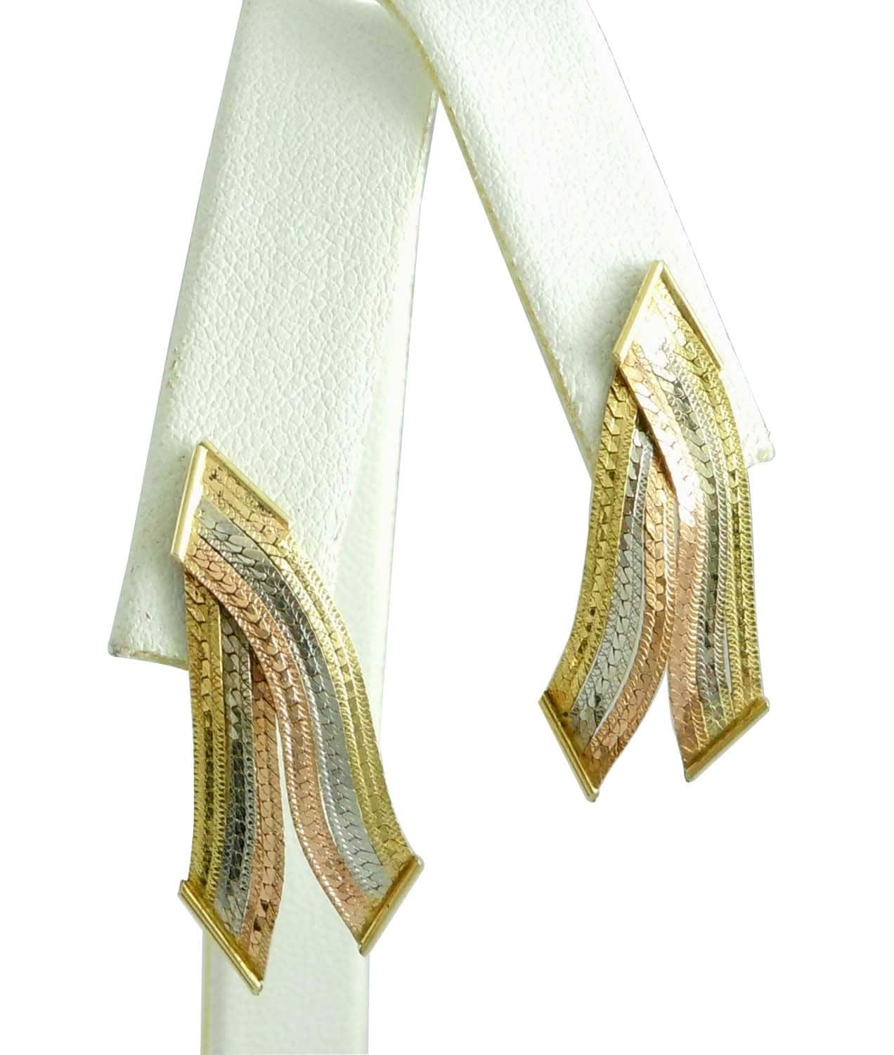 14Kt Rosa Rose Weiß Gelb Tri-Color Gold Band Ohrringe Mit Einem Zig-Zig Diamant-Muster Tricolor von ThisArtGallery