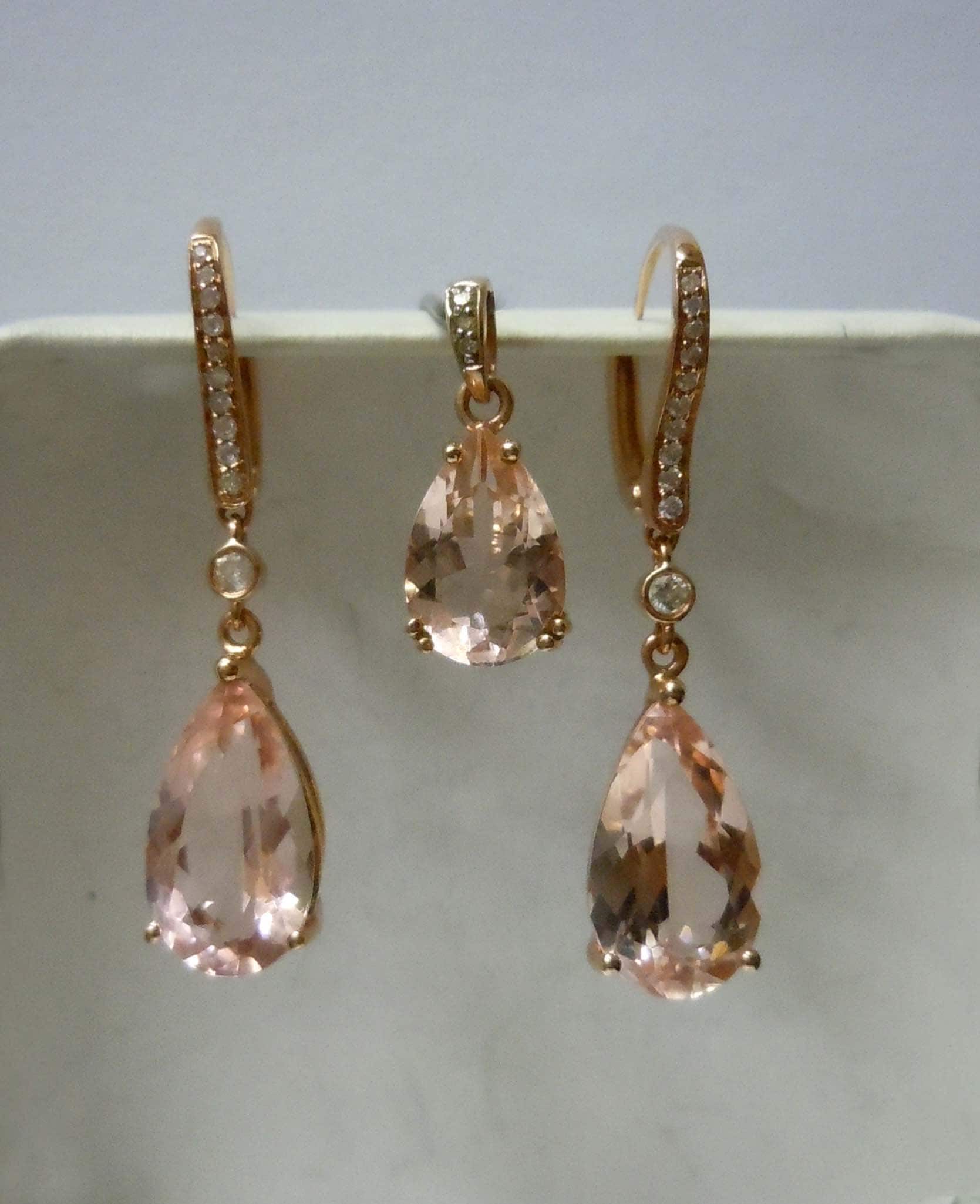 14Kt Roségold Diamant Birne Form 11.20Ct Morganit Ohrhänger Anhänger Suite von ThisArtGallery