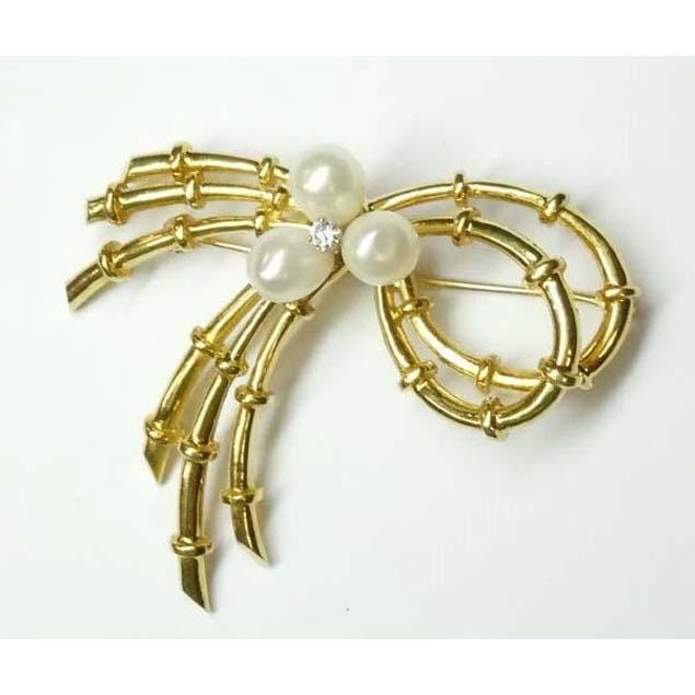 Atemberaubende 18K Gold Diamant Perle Gebogen Schleife Bambus Gut Brosche 21.4 Gramm von ThisArtGallery