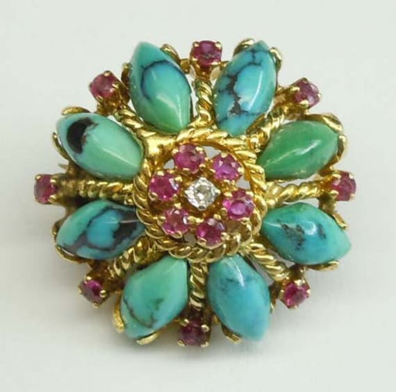 Atemberaubende Jahrgang 18Kt Gold Blume Form Türkis Rubin Brosche von ThisArtGallery