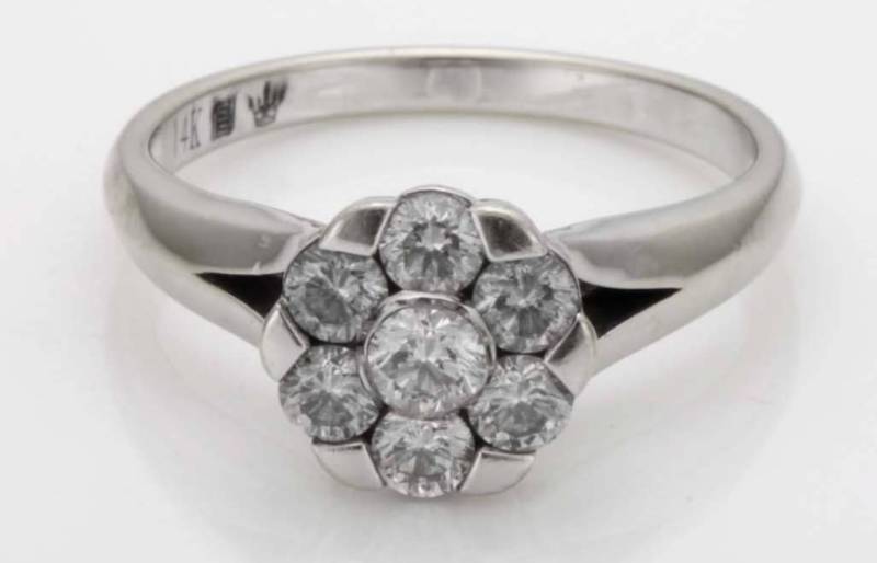 Atemberaubende Vintage Estate .61Ct Diamanten 14K Kommt White Gold Floral Statement Ring Größe 6, 75 Coa Mit Geschenk-Box Blume R168 von ThisArtGallery