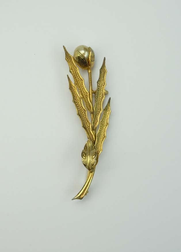 -Deco-stil Goldton Graviert Schmelz Messing Perle Florale Brosche Markiert Spanien von ThisArtGallery