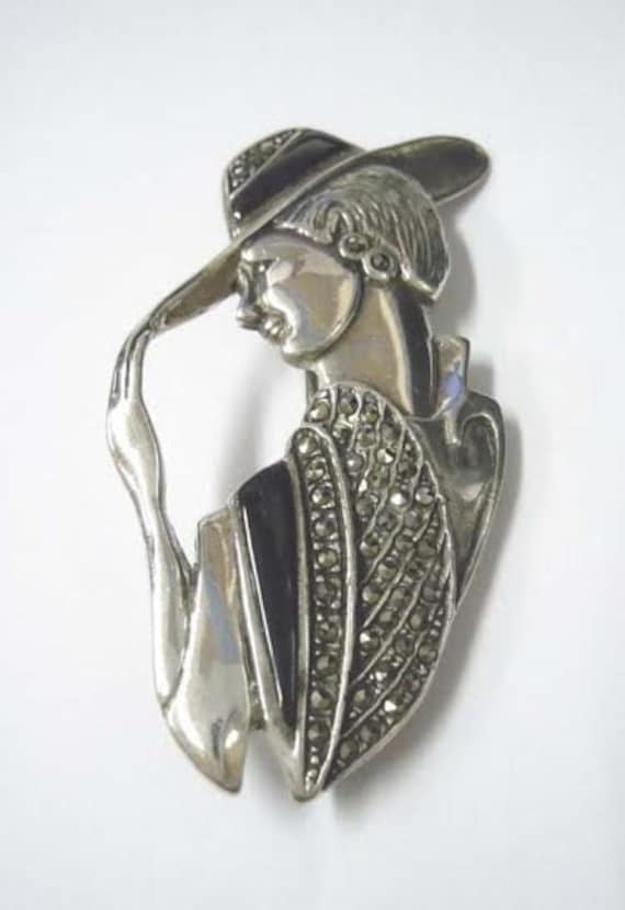 Gatsby-stil 925Er Silber Onyx Markasit Brüllend 20 S Flapper Lady Brosche von ThisArtGallery